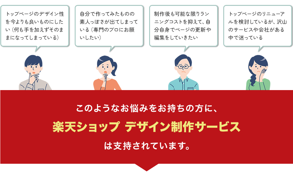 このようなお悩みをお持ちの方に「楽天ショップデザイン制作サービス」は支持されています。